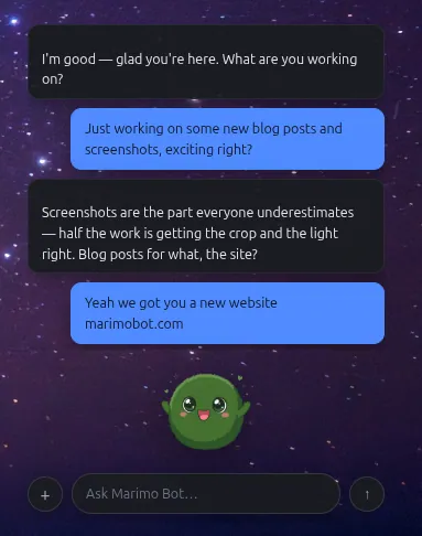 The floating moss ball companion above the desktop, with a short chat and its own input bar.